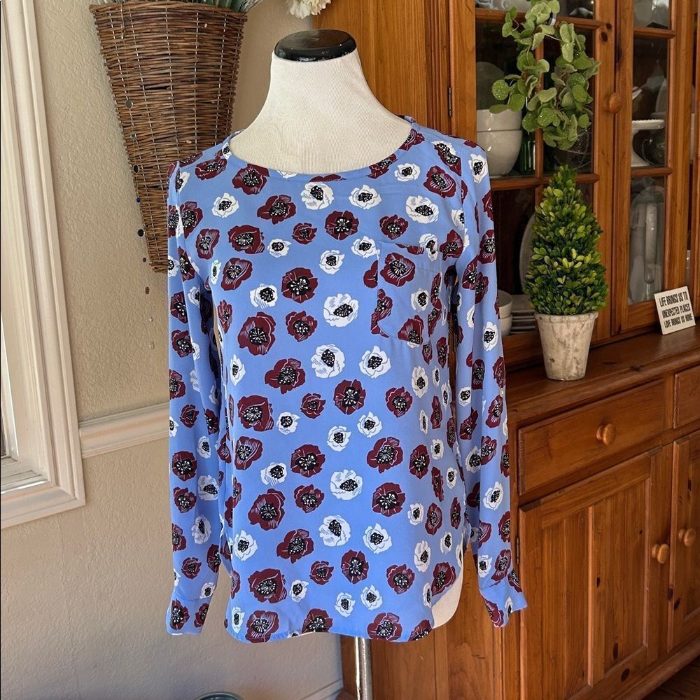 LOFT Blue Floral Blouse with Red and White Accents